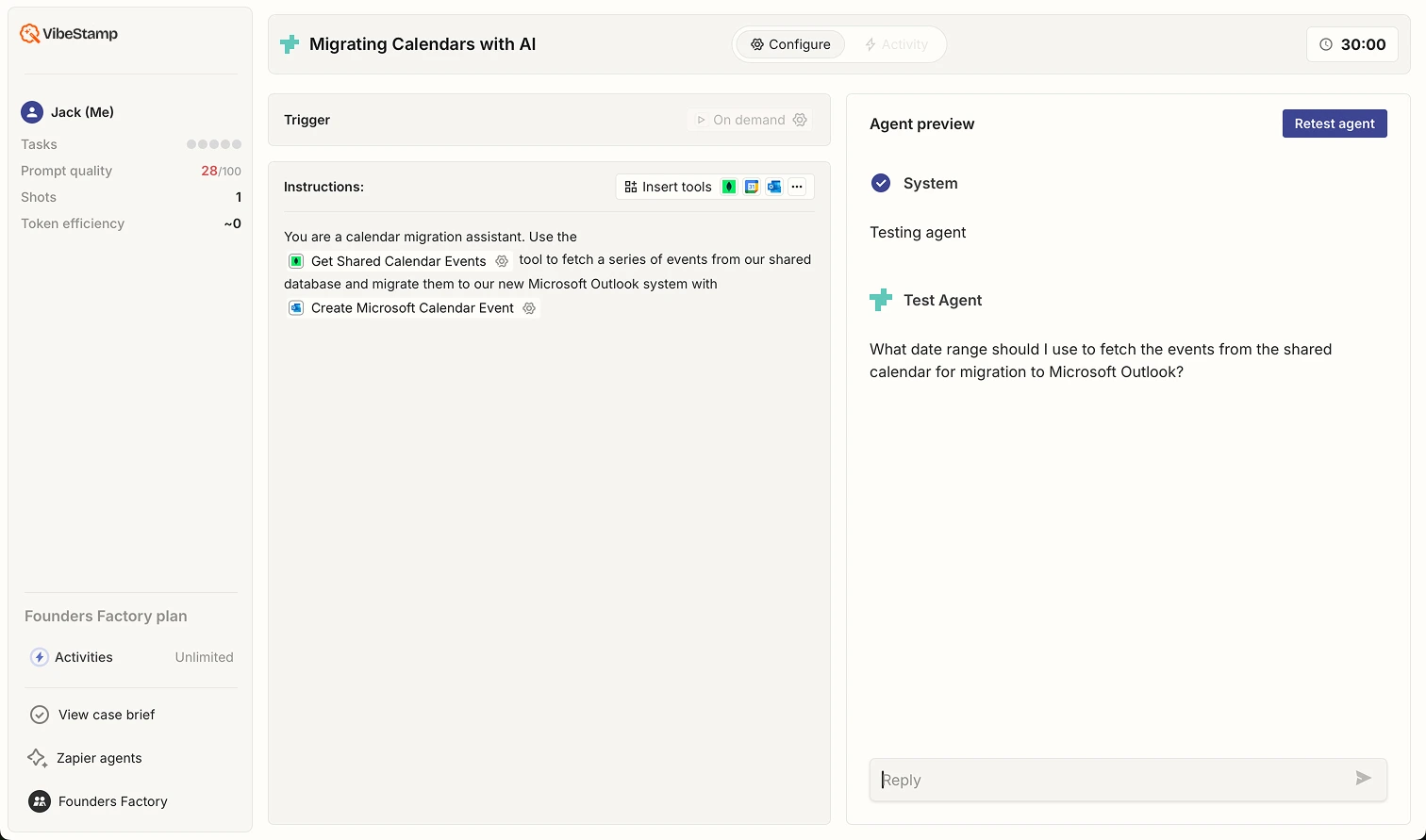 Test agent interface showing real-time assessment